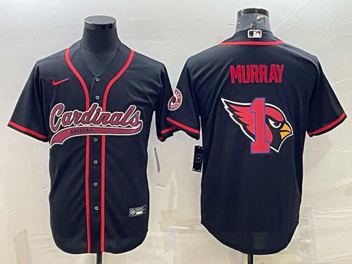 Men's Arizona Cardinals #1 Kyler Murray Black Team Big Logo With Patch Cool Base Stitched Baseball Jersey
